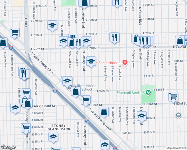 map of restaurants, bars, coffee shops, grocery stores, and more near 2035 East 81st Street in Chicago