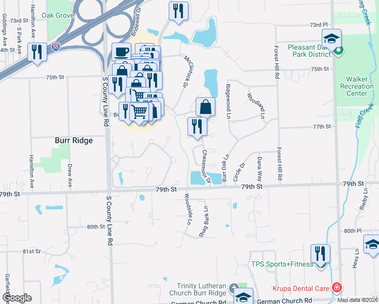map of restaurants, bars, coffee shops, grocery stores, and more near 502 Ambriance Drive in Burr Ridge