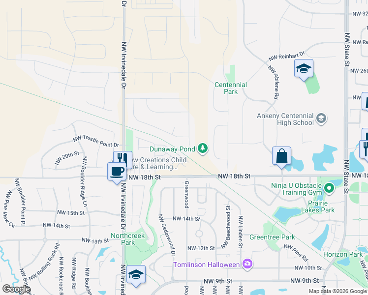 map of restaurants, bars, coffee shops, grocery stores, and more near 2619 Northwest Penny Lane in Ankeny
