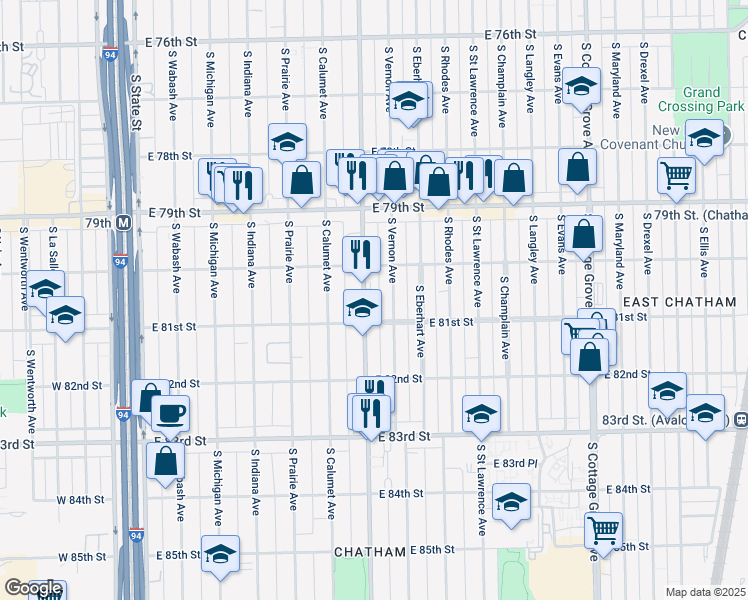 map of restaurants, bars, coffee shops, grocery stores, and more near 8039 South King Drive in Chicago