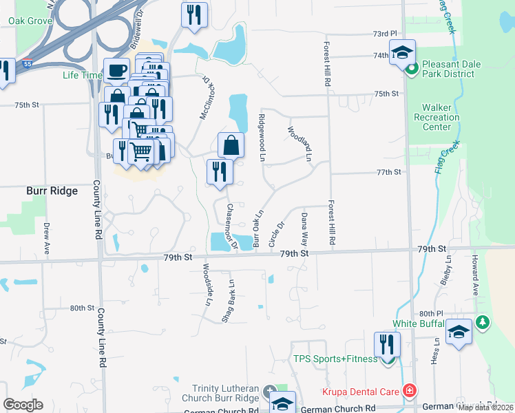map of restaurants, bars, coffee shops, grocery stores, and more near 11560 Burr Oak Lane in Burr Ridge