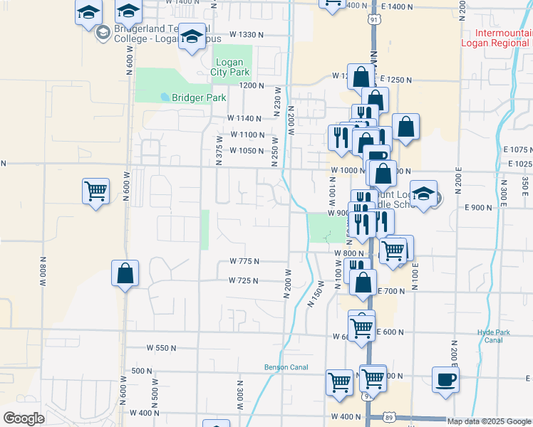 map of restaurants, bars, coffee shops, grocery stores, and more near 897 North 250 West in Logan