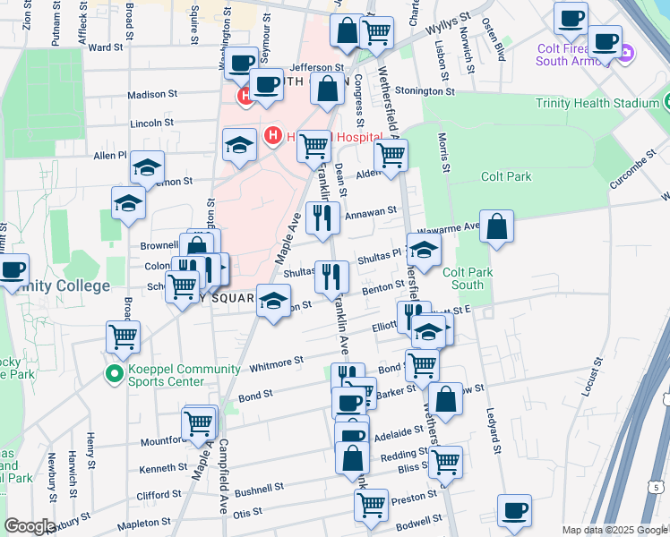 map of restaurants, bars, coffee shops, grocery stores, and more near Shultas Place in Hartford