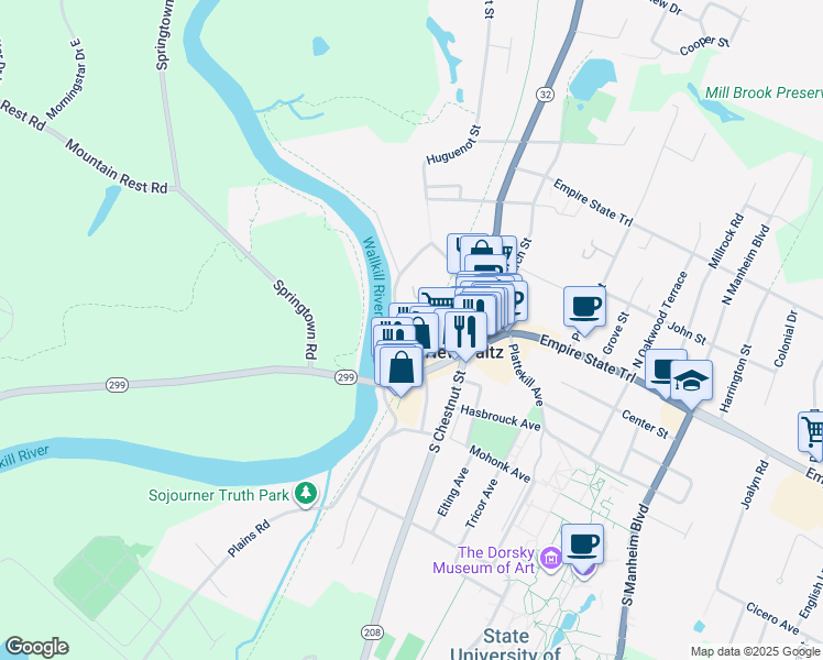 map of restaurants, bars, coffee shops, grocery stores, and more near 3 Huguenot Street in New Paltz