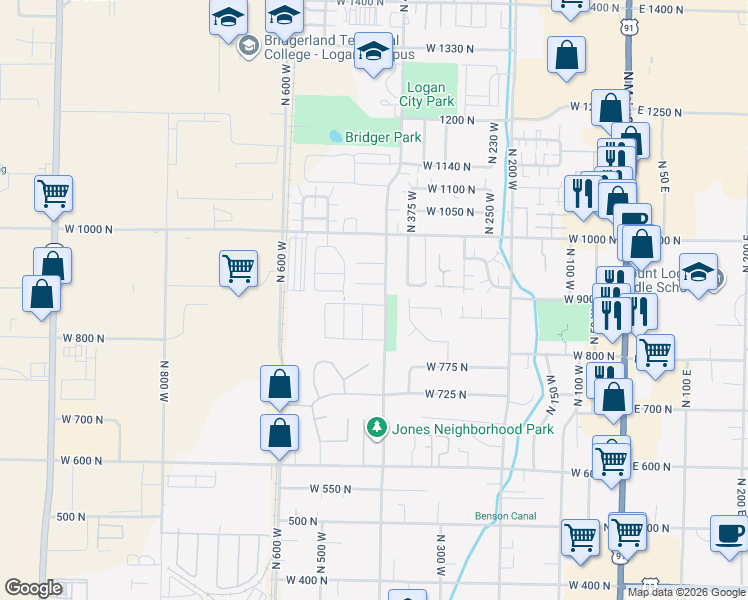 map of restaurants, bars, coffee shops, grocery stores, and more near 875 North 440 West in Logan