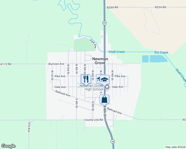 map of restaurants, bars, coffee shops, grocery stores, and more near 601-649 Pike Ave in Newman Grove