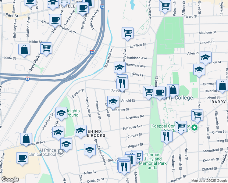 map of restaurants, bars, coffee shops, grocery stores, and more near 109 Bonner Street in Hartford