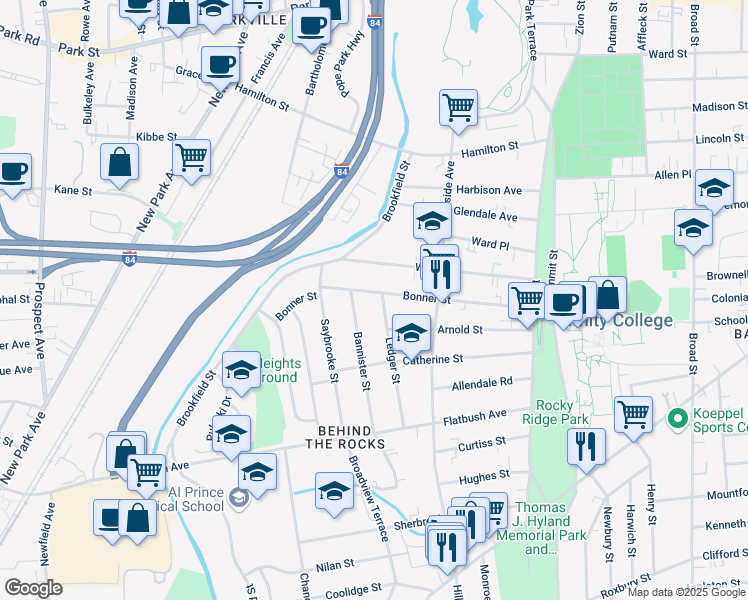 map of restaurants, bars, coffee shops, grocery stores, and more near 13 Ledger Street in Hartford