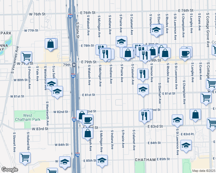 map of restaurants, bars, coffee shops, grocery stores, and more near 8041 South Indiana Avenue in Chicago