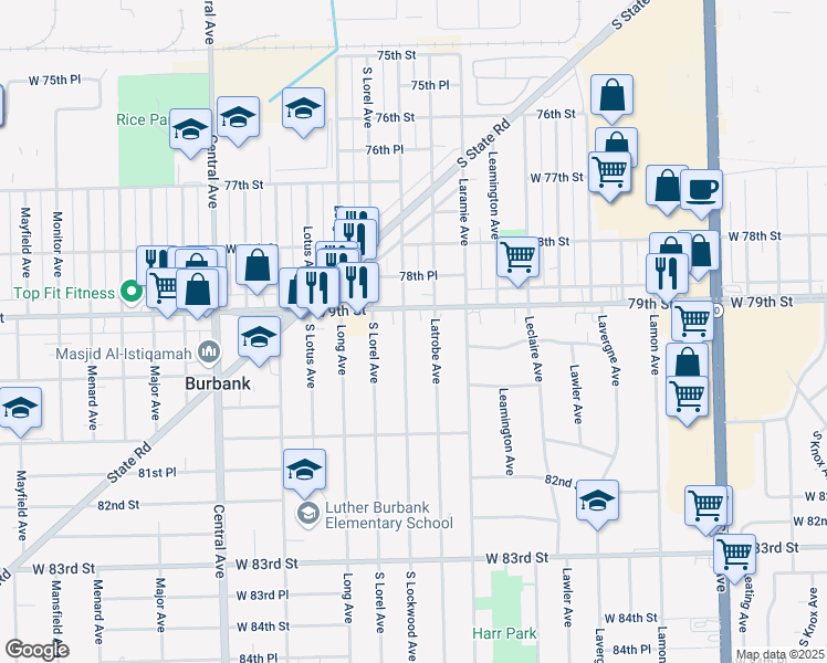 map of restaurants, bars, coffee shops, grocery stores, and more near 7927 South Lockwood Avenue in Burbank