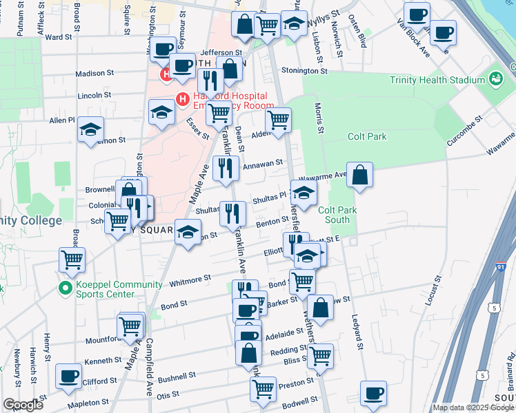 map of restaurants, bars, coffee shops, grocery stores, and more near 45 Shultas Place in Hartford
