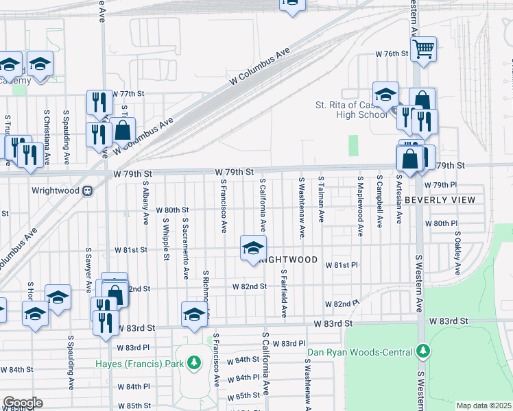 map of restaurants, bars, coffee shops, grocery stores, and more near 2808 West 80th Street in Chicago