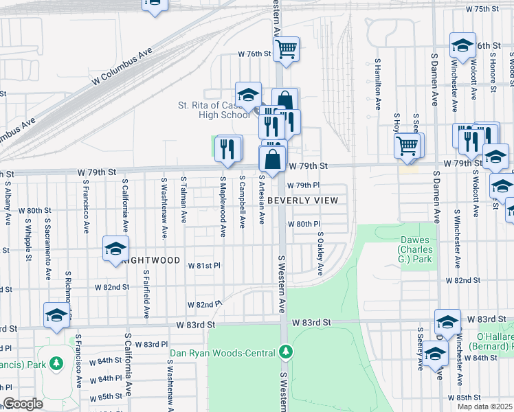 map of restaurants, bars, coffee shops, grocery stores, and more near 8003 South Artesian Avenue in Chicago