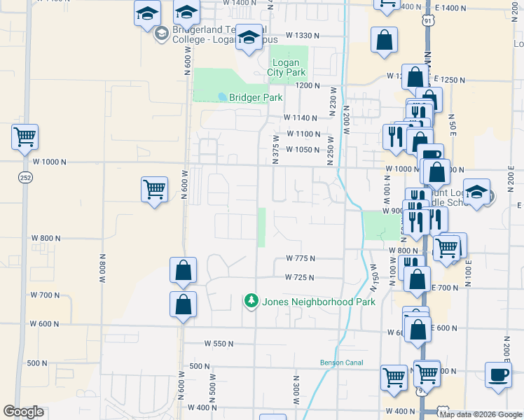 map of restaurants, bars, coffee shops, grocery stores, and more near 894 North 400 West in Logan