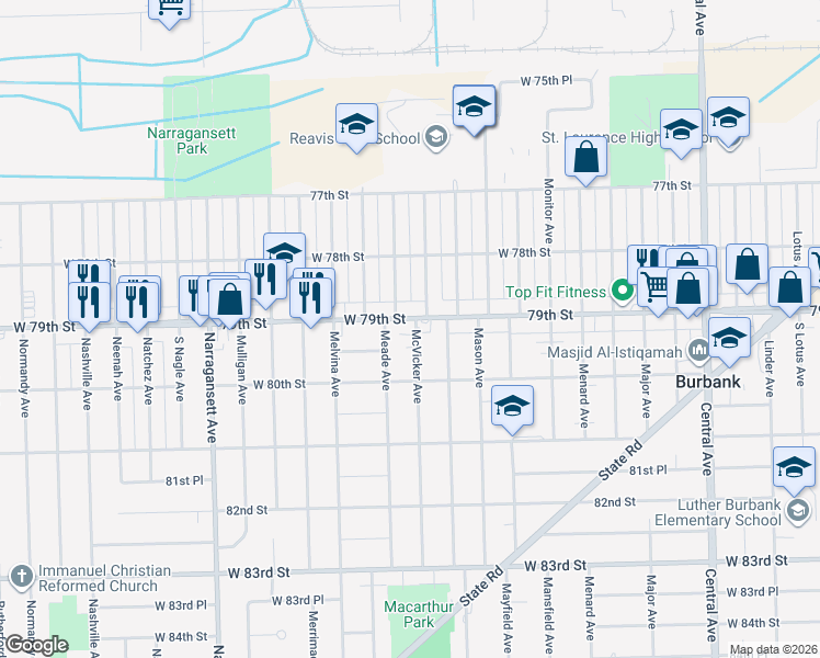 map of restaurants, bars, coffee shops, grocery stores, and more near 6031 West 79th Street in Burbank