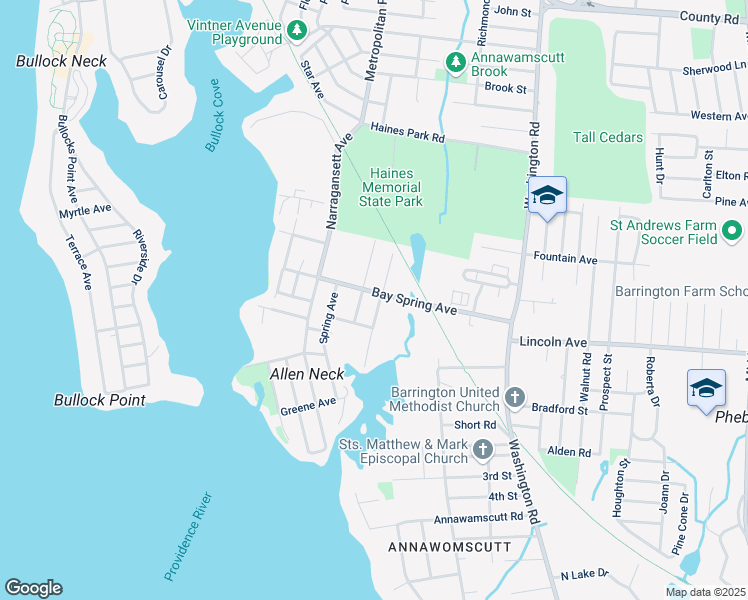 map of restaurants, bars, coffee shops, grocery stores, and more near 64 Lake Avenue in Barrington
