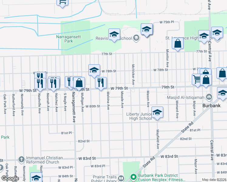 map of restaurants, bars, coffee shops, grocery stores, and more near 6135 West 79th Street in Burbank