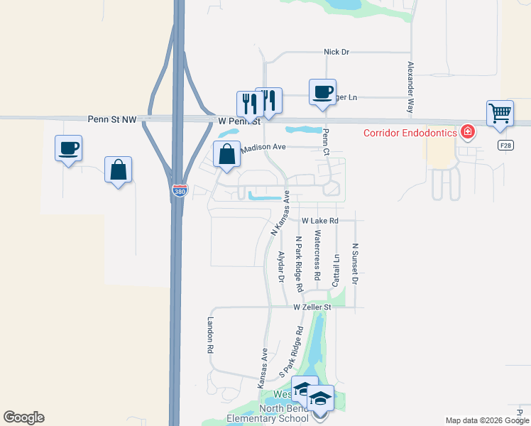 map of restaurants, bars, coffee shops, grocery stores, and more near Kansas Ave in North Liberty