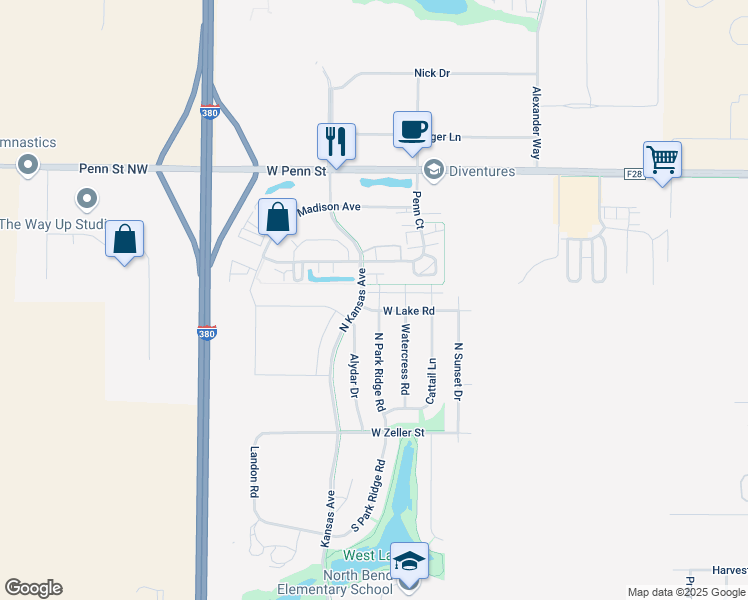 map of restaurants, bars, coffee shops, grocery stores, and more near 287 North Park Ridge Road in North Liberty