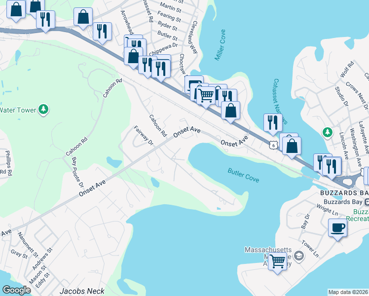 map of restaurants, bars, coffee shops, grocery stores, and more near 5 Peters Way in Wareham
