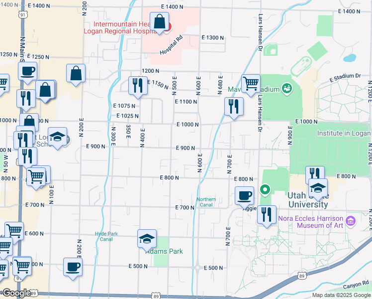 map of restaurants, bars, coffee shops, grocery stores, and more near 546 East 900 North in Logan