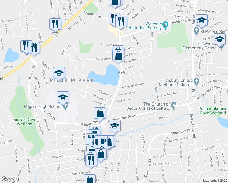 map of restaurants, bars, coffee shops, grocery stores, and more near 1020 Warwick Avenue in Warwick