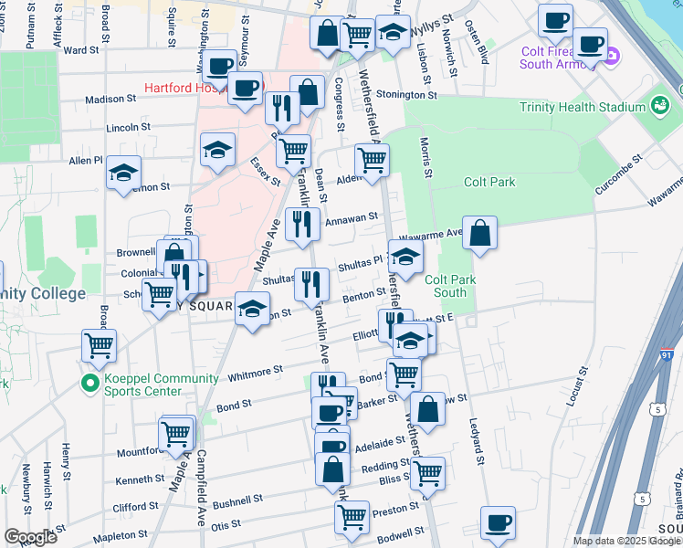 map of restaurants, bars, coffee shops, grocery stores, and more near 61-63 Shultas Place in Hartford