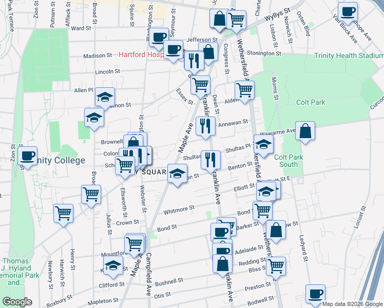 map of restaurants, bars, coffee shops, grocery stores, and more near 134 Shultas Place in Hartford