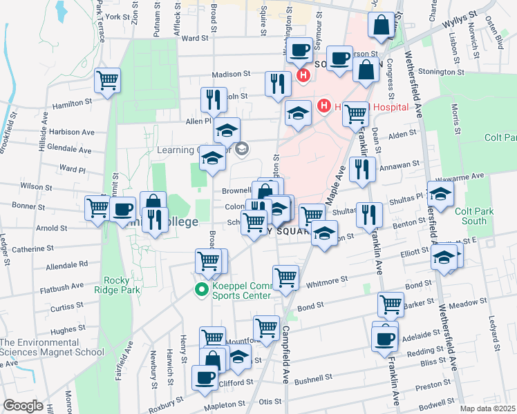 map of restaurants, bars, coffee shops, grocery stores, and more near 16 School Street in Hartford