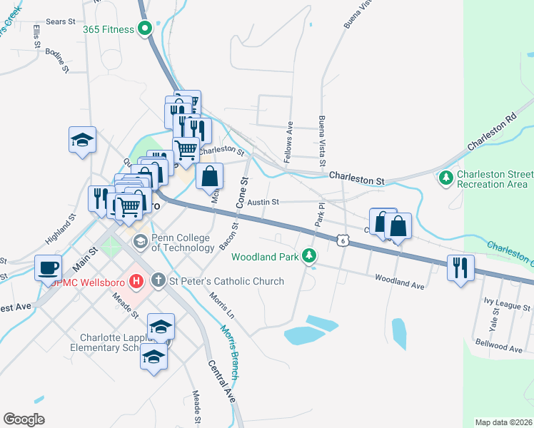 map of restaurants, bars, coffee shops, grocery stores, and more near 10 Austin Street in Wellsboro