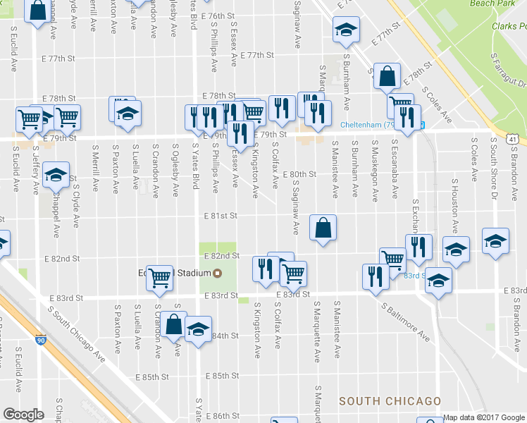 map of restaurants, bars, coffee shops, grocery stores, and more near 8105 South Kingston Avenue in Chicago