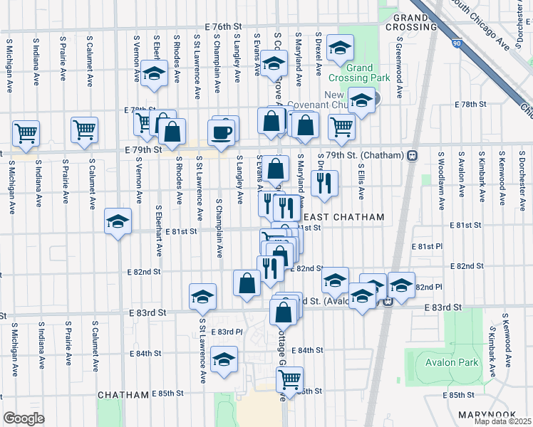 map of restaurants, bars, coffee shops, grocery stores, and more near 8049 South Evans Avenue in Chicago