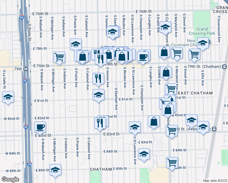 map of restaurants, bars, coffee shops, grocery stores, and more near 8045 South Vernon Avenue in Chicago
