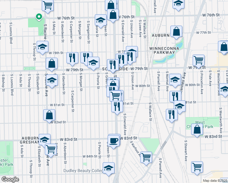 map of restaurants, bars, coffee shops, grocery stores, and more near 8029 South Halsted Street in Chicago