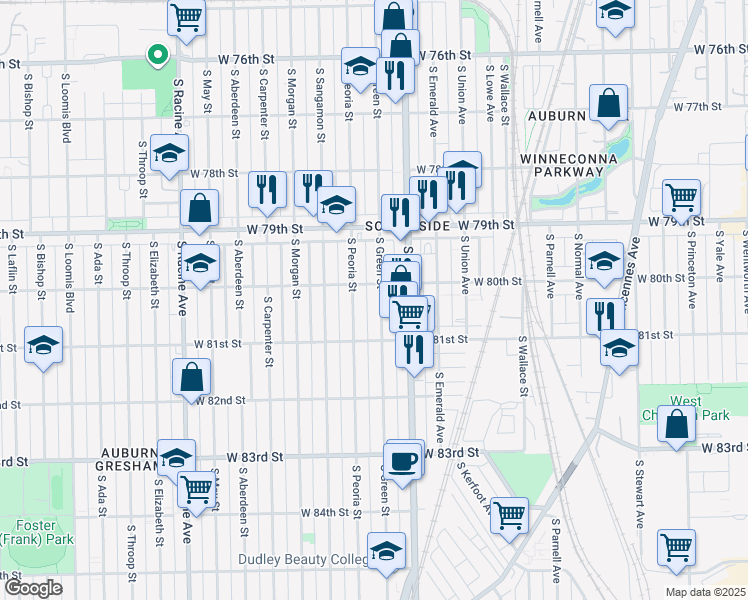 map of restaurants, bars, coffee shops, grocery stores, and more near 8027 South Green Street in Chicago