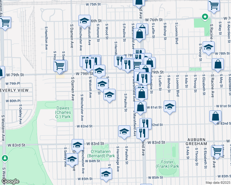 map of restaurants, bars, coffee shops, grocery stores, and more near 8016 South Hermitage Avenue in Chicago