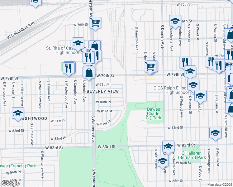 map of restaurants, bars, coffee shops, grocery stores, and more near 2233 West 80th Street in Chicago