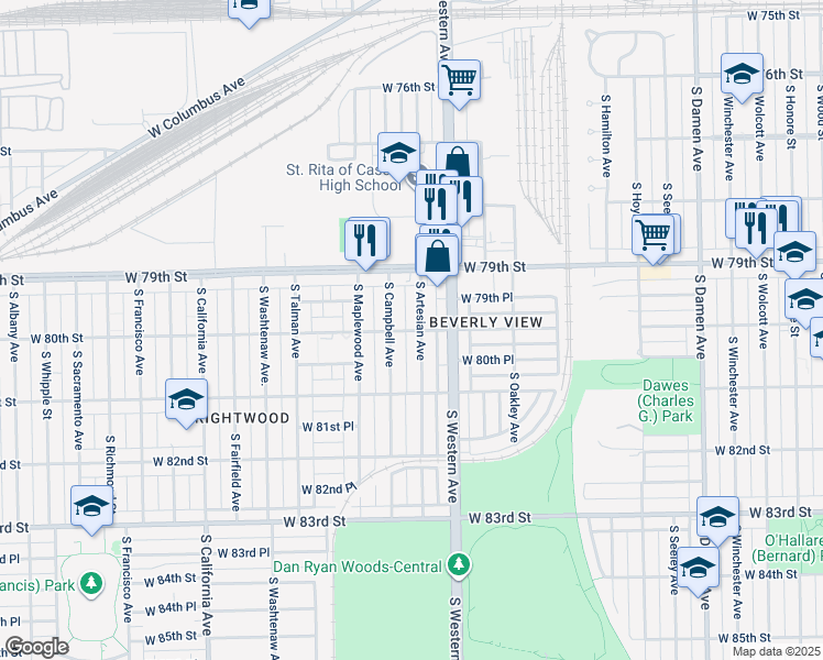 map of restaurants, bars, coffee shops, grocery stores, and more near 8003 South Artesian Avenue in Chicago