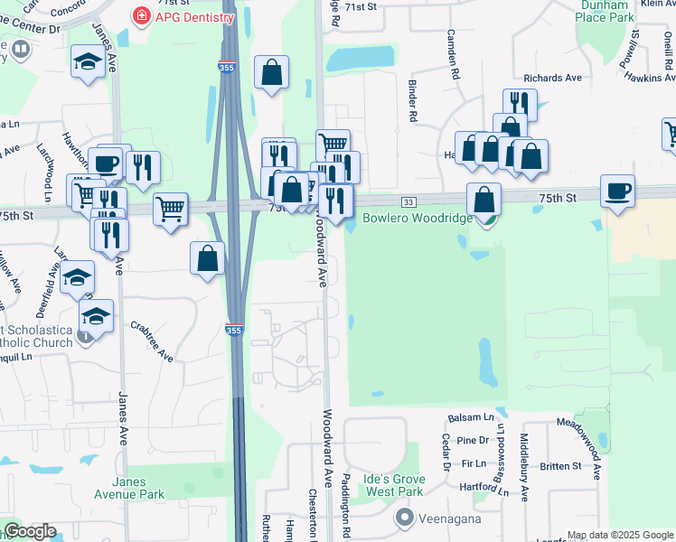 map of restaurants, bars, coffee shops, grocery stores, and more near 7613 Bristol Court in Woodridge