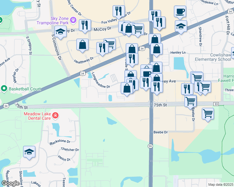 map of restaurants, bars, coffee shops, grocery stores, and more near 4313 Bayhead Court in Aurora