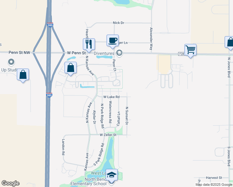 map of restaurants, bars, coffee shops, grocery stores, and more near 292 Watercress Road in North Liberty
