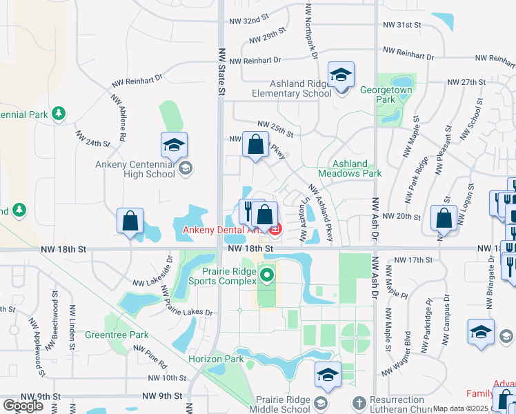 map of restaurants, bars, coffee shops, grocery stores, and more near 1420 Northwest 18th Street in Ankeny