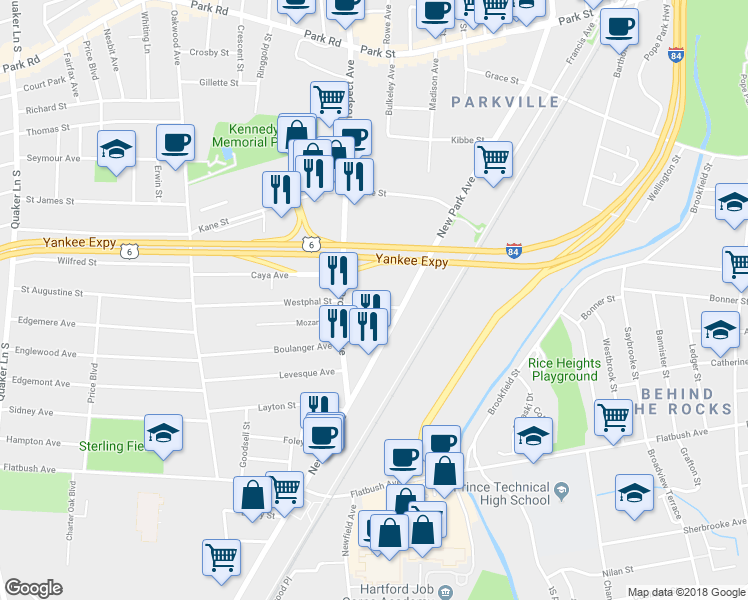 map of restaurants, bars, coffee shops, grocery stores, and more near 24 Merrill Street in Hartford