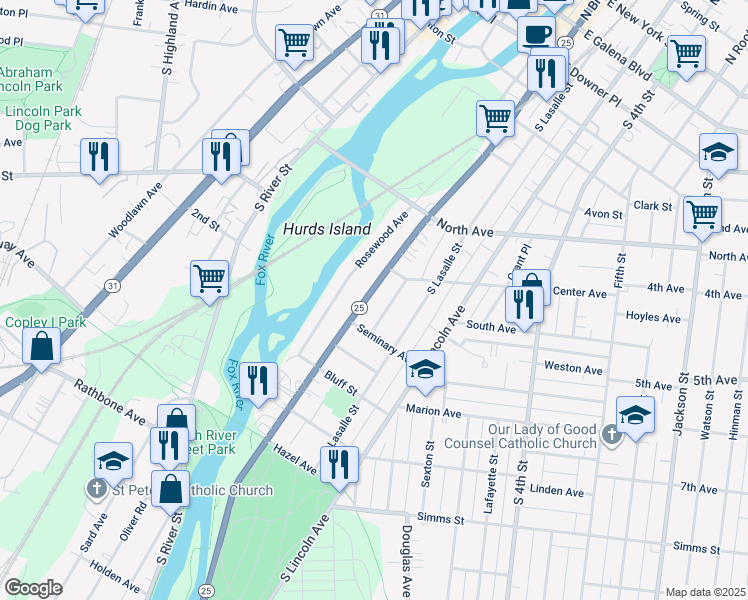 map of restaurants, bars, coffee shops, grocery stores, and more near 505 Titsworth Court in Aurora