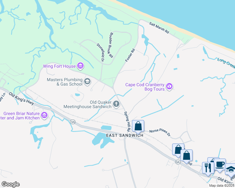 map of restaurants, bars, coffee shops, grocery stores, and more near 95 Spring Hill Road in Sandwich