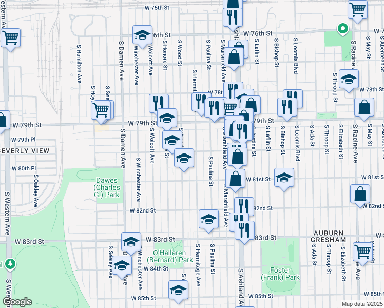 map of restaurants, bars, coffee shops, grocery stores, and more near 8016 South Hermitage Avenue in Chicago