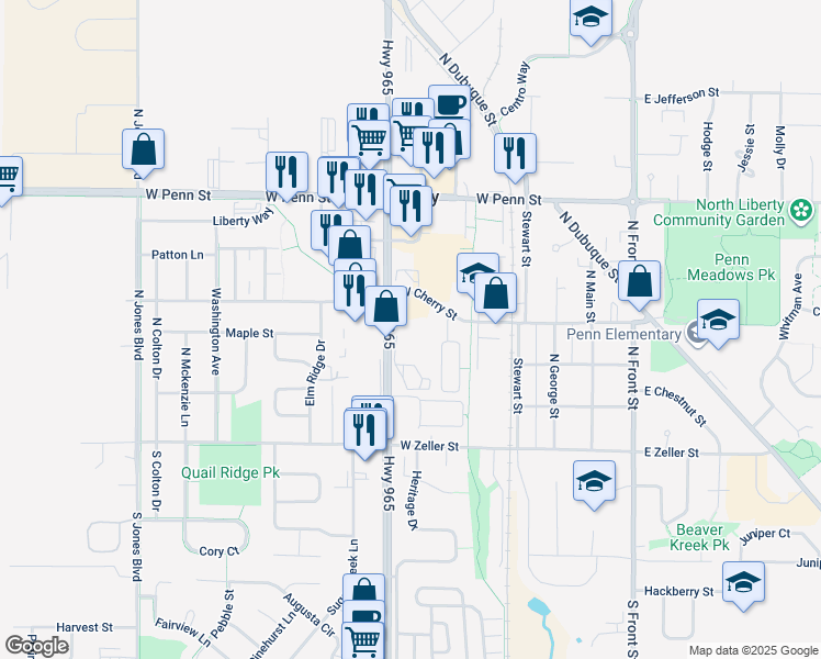 map of restaurants, bars, coffee shops, grocery stores, and more near 495 West Cherry Street in North Liberty