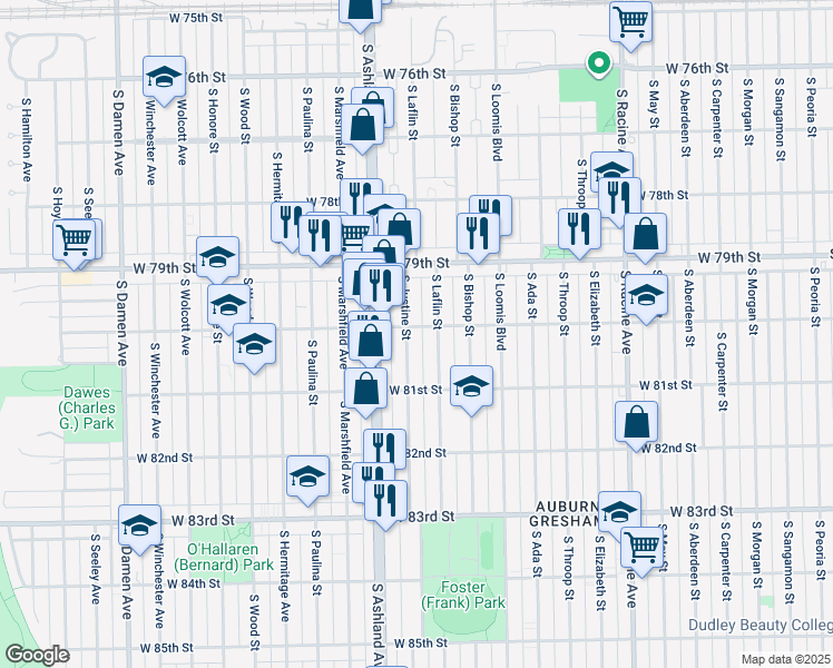 map of restaurants, bars, coffee shops, grocery stores, and more near 8018 South Laflin Street in Chicago