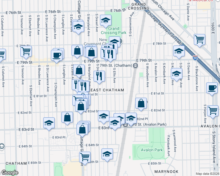 map of restaurants, bars, coffee shops, grocery stores, and more near 8039 South Ingleside Avenue in Chicago