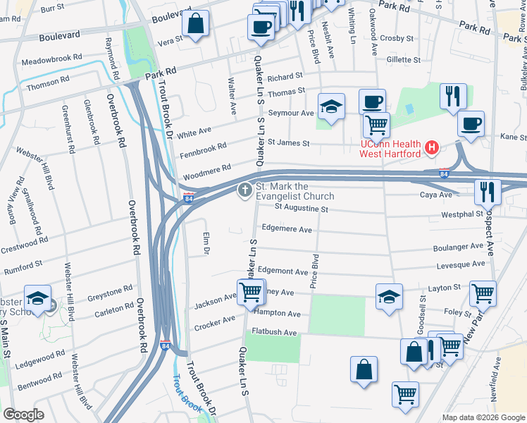 map of restaurants, bars, coffee shops, grocery stores, and more near 480 Quaker Lane South in West Hartford